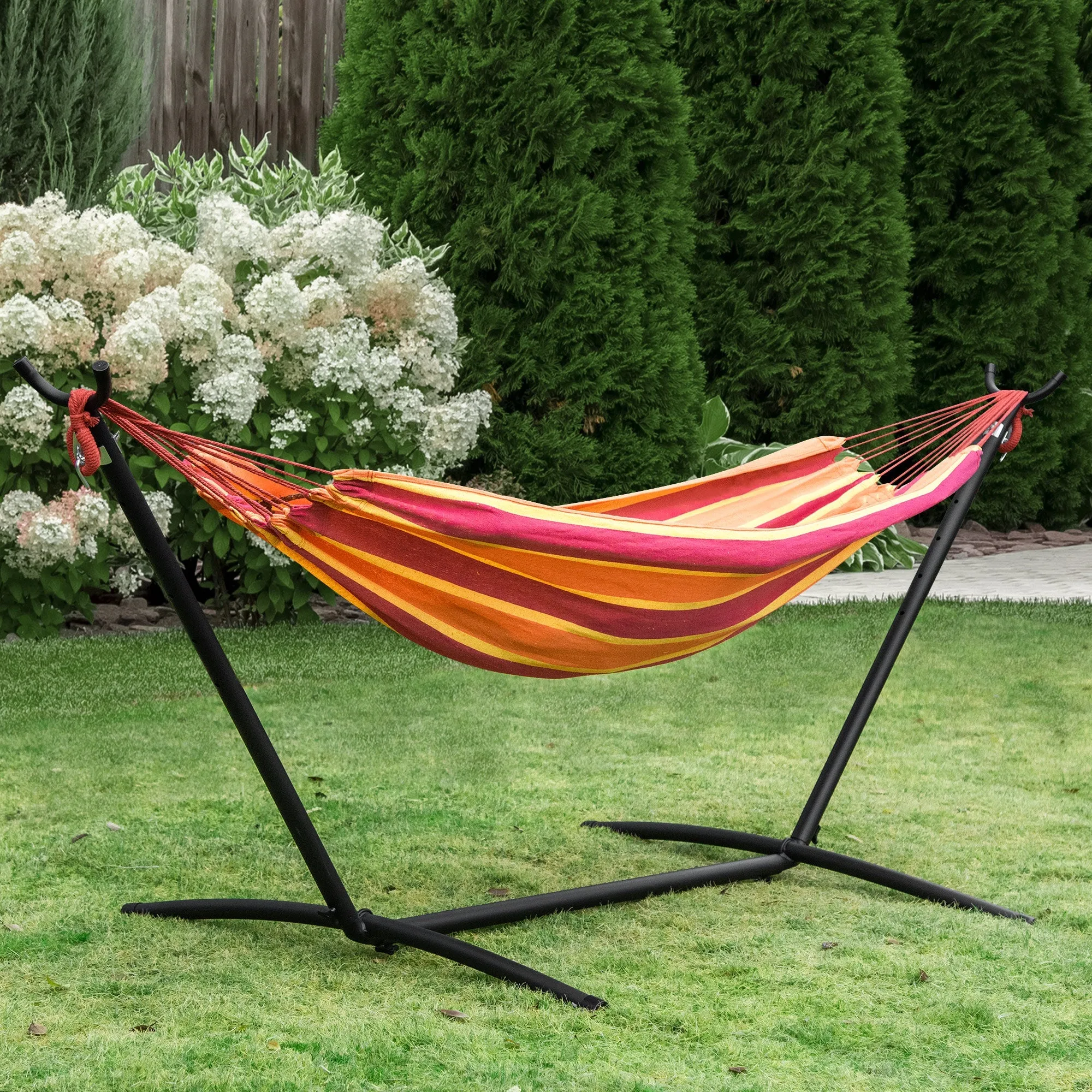 298 x 117cm Hammock with Stand Camping Hammock with Portable Carrying Bag Adjustable Height 120kg Load Capacity Red Stripe