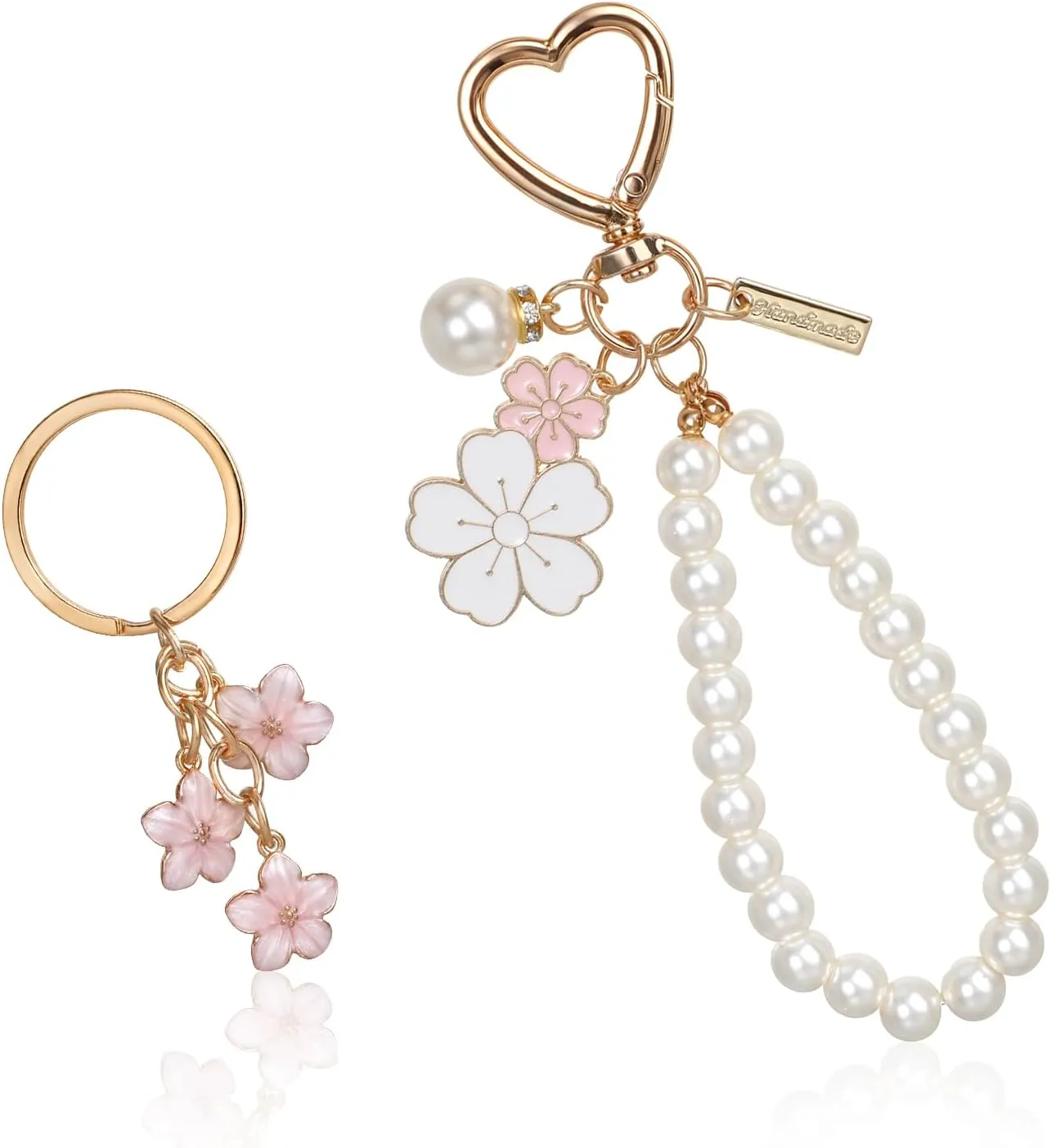 2Pcs Pearl Keychain Wristlet, Heart Pink Wristlet Keychain Car Keychains Wristlets with Flower for Car Keys Purse Charms Handbag Backpack Accessories
