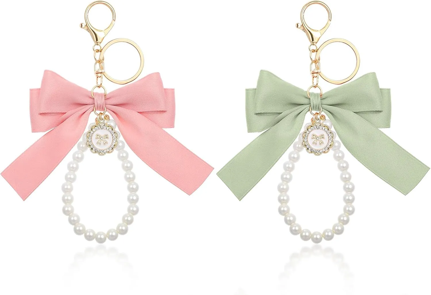 2Pcs Pink Bow Keychain, Pearl Bow Wristlet for Girls Women, Cute Pink Keychain Purse Accessories