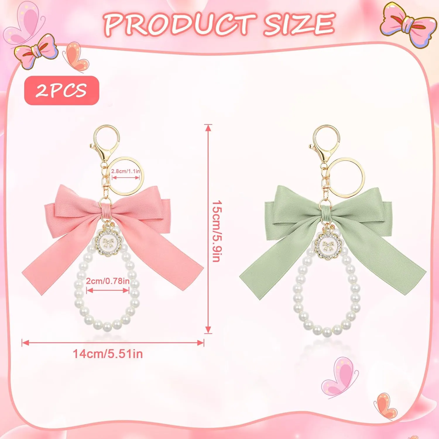 2Pcs Pink Bow Keychain, Pearl Bow Wristlet for Girls Women, Cute Pink Keychain Purse Accessories