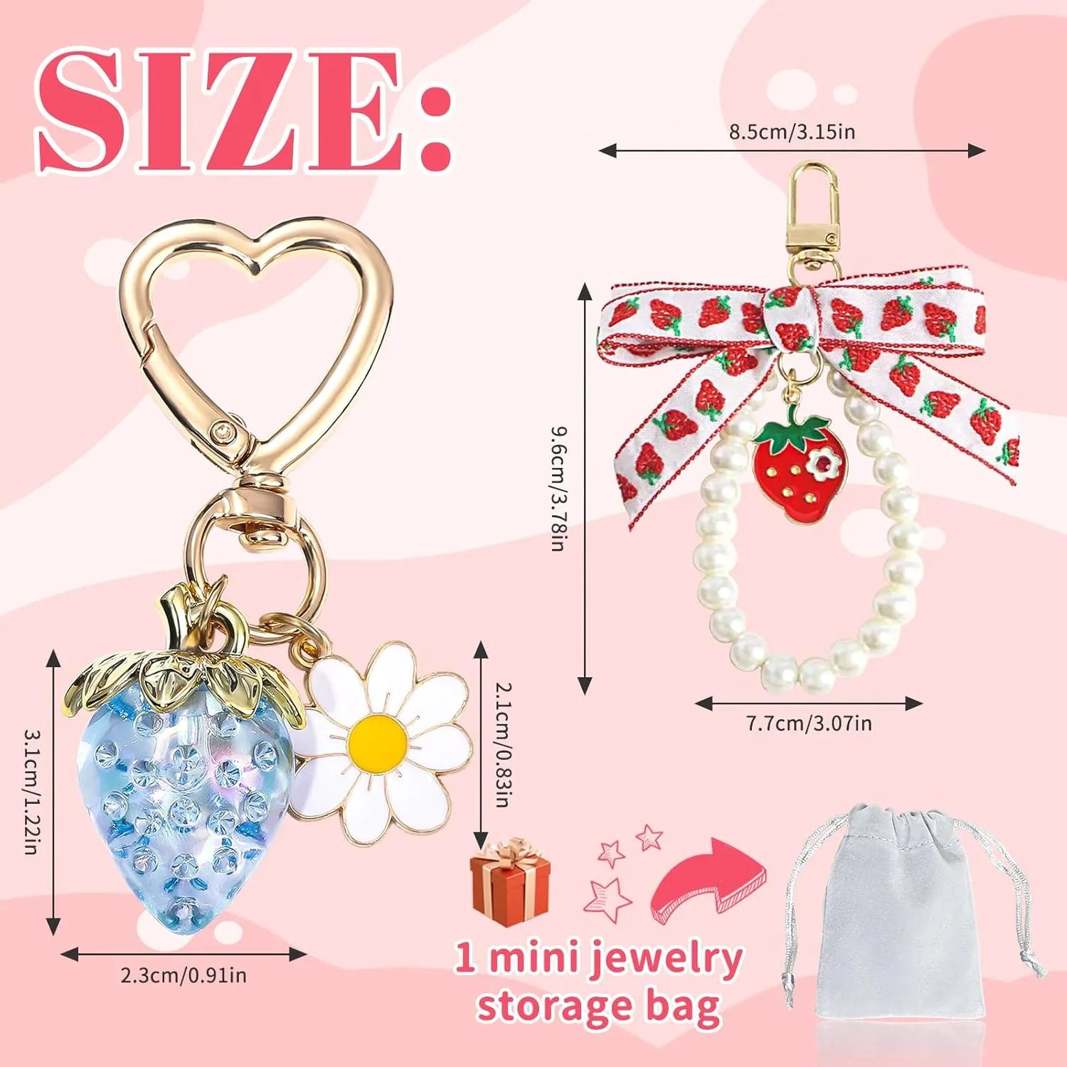 2Pcs Strawberry Keychain Charm Cute Bag Charms Flower Daisy Pearl Bow Keychain Strawberry gift for Women