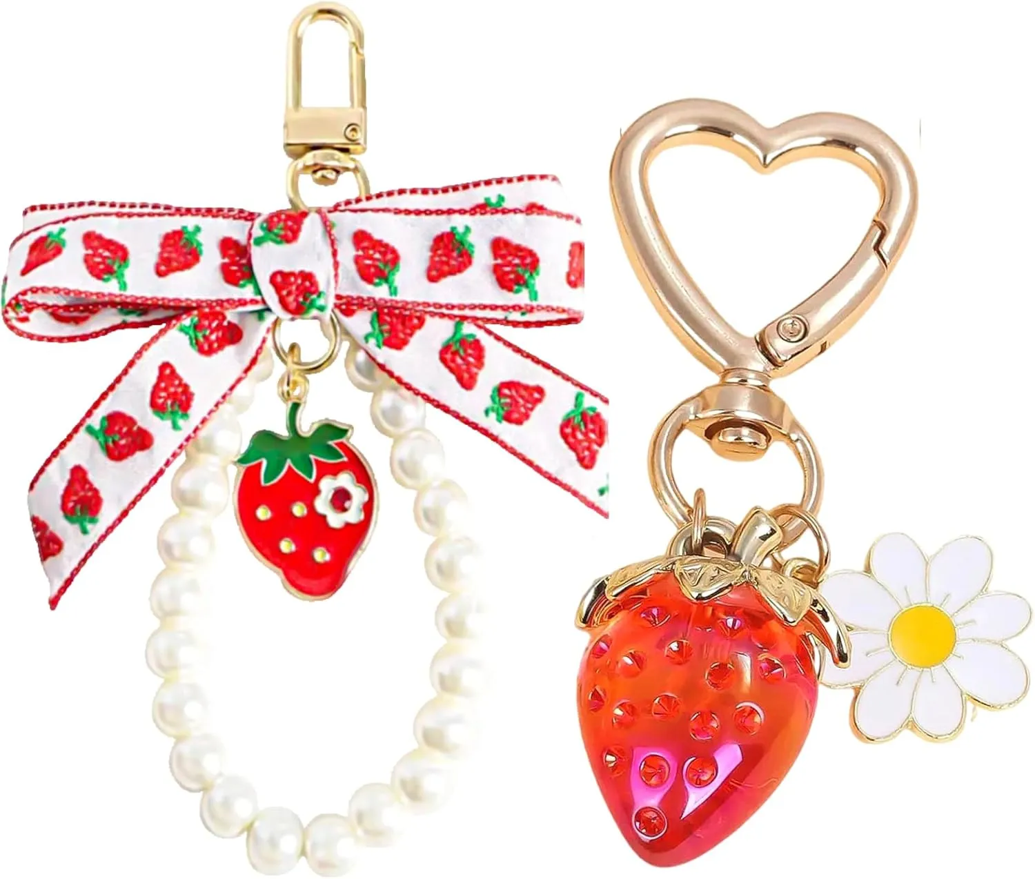 2Pcs Strawberry Keychain Charm Cute Bag Charms Flower Daisy Pearl Bow Keychain Strawberry gift for Women