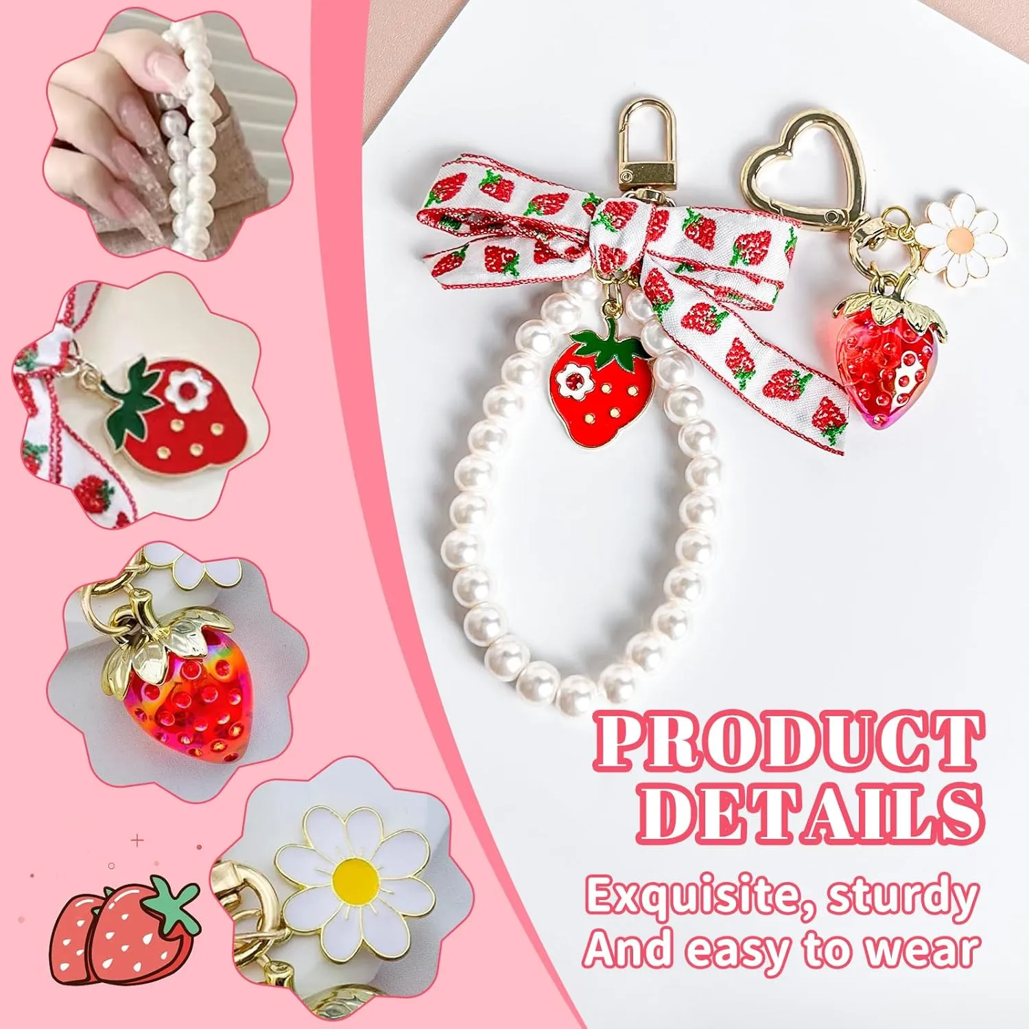 2Pcs Strawberry Keychain Charm Cute Bag Charms Flower Daisy Pearl Bow Keychain Strawberry gift for Women