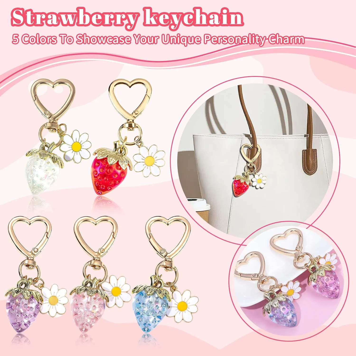 2Pcs Strawberry Keychain Charm Cute Bag Charms Flower Daisy Pearl Bow Keychain Strawberry gift for Women