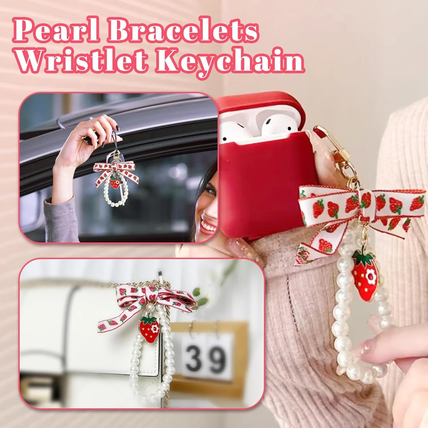 2Pcs Strawberry Keychain Charm Cute Bag Charms Flower Daisy Pearl Bow Keychain Strawberry gift for Women