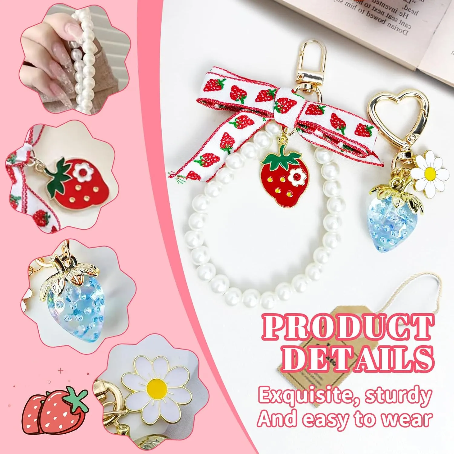 2Pcs Strawberry Keychain Charm Cute Bag Charms Flower Daisy Pearl Bow Keychain Strawberry gift for Women