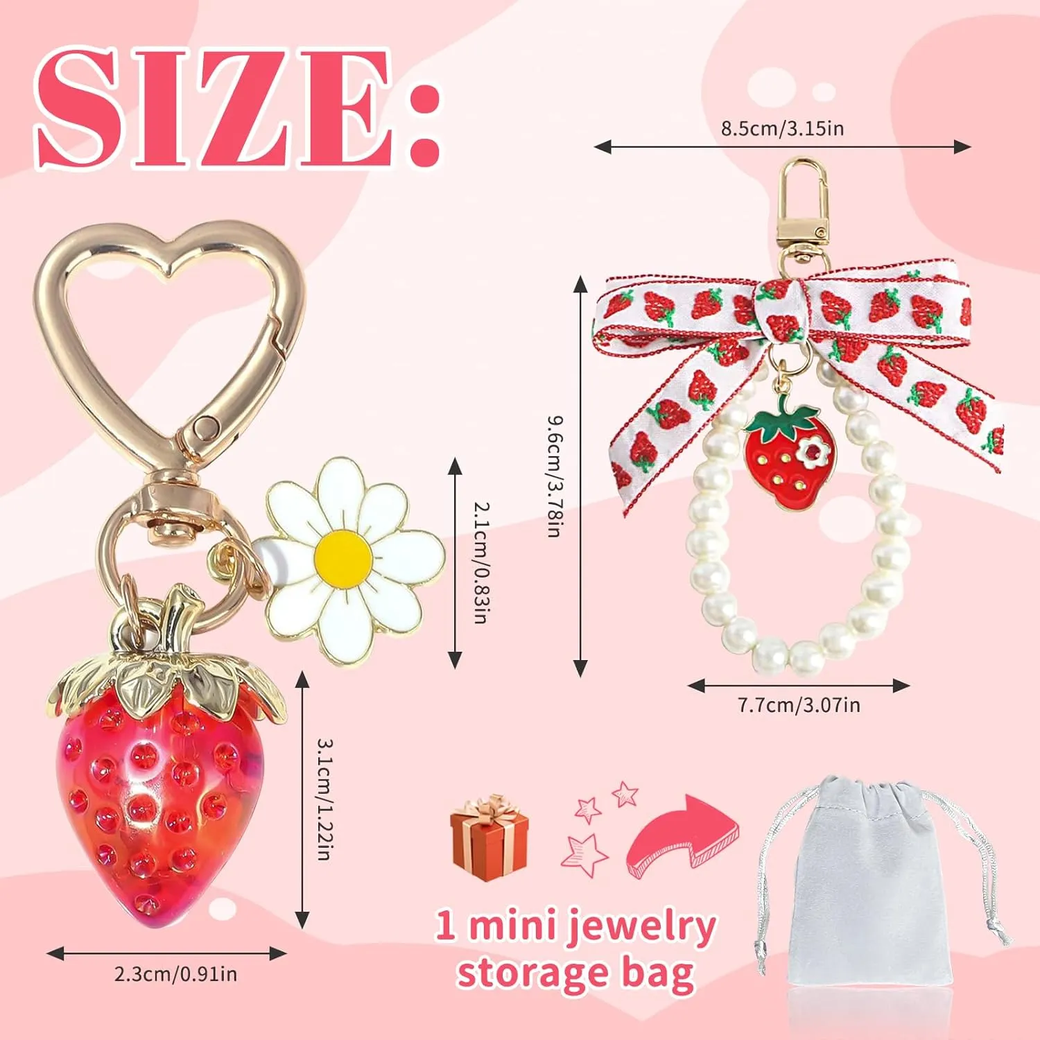 2Pcs Strawberry Keychain Charm Cute Bag Charms Flower Daisy Pearl Bow Keychain Strawberry gift for Women
