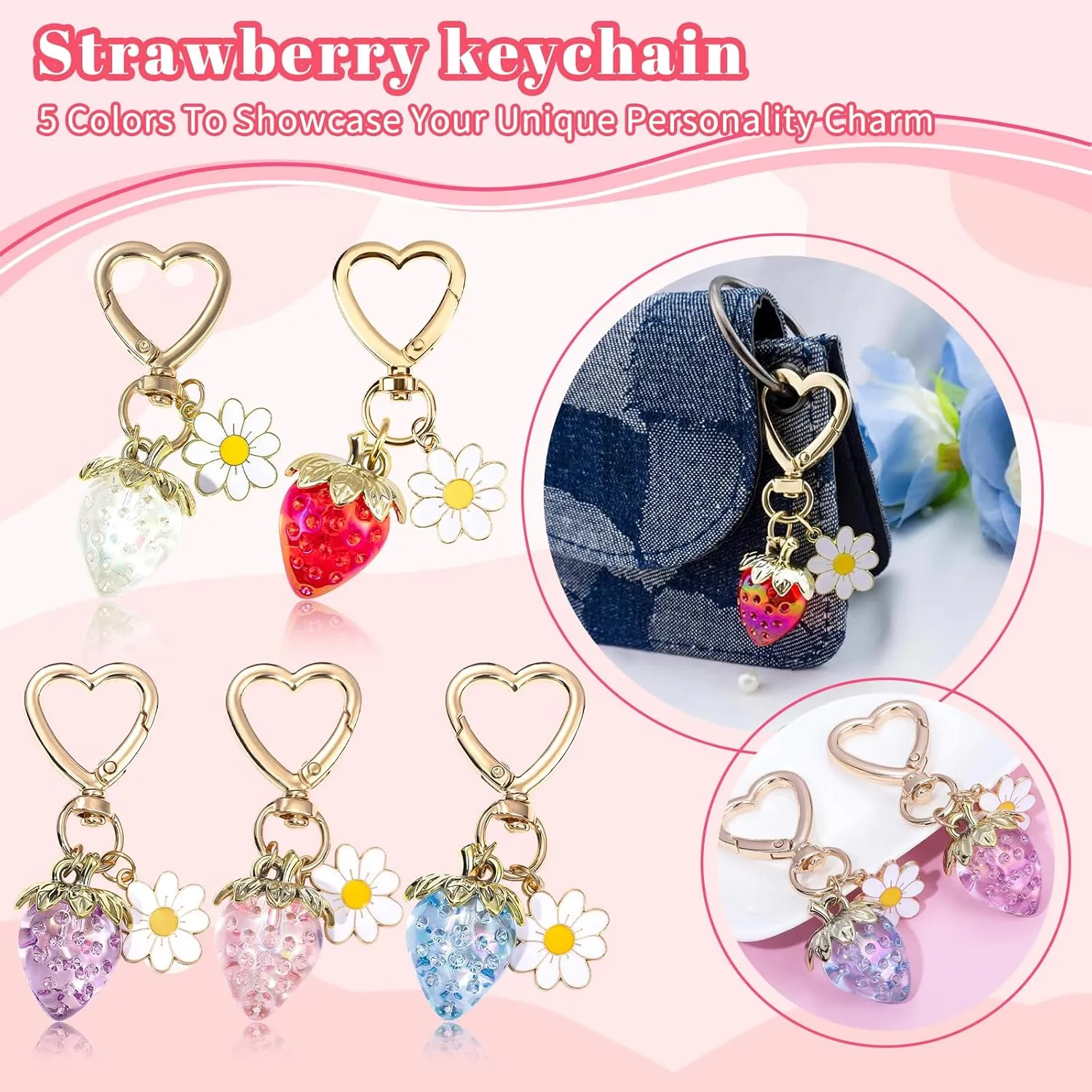 2Pcs Strawberry Keychain Charm Cute Bag Charms Flower Daisy Pearl Bow Keychain Strawberry gift for Women