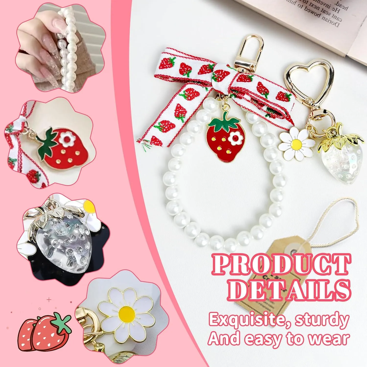 2Pcs Strawberry Keychain Charm Cute Bag Charms Flower Daisy Pearl Bow Keychain Strawberry gift for Women