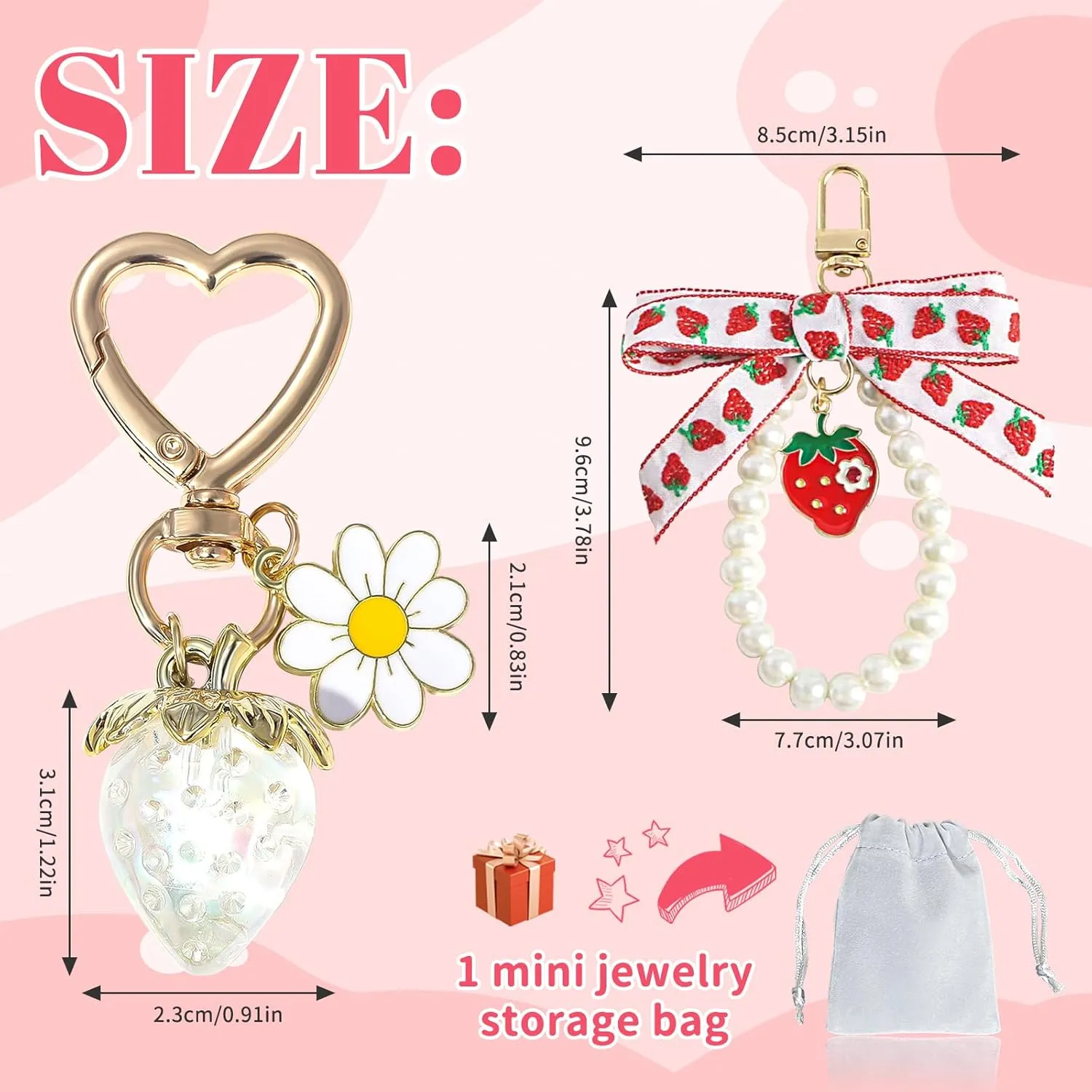 2Pcs Strawberry Keychain Charm Cute Bag Charms Flower Daisy Pearl Bow Keychain Strawberry gift for Women