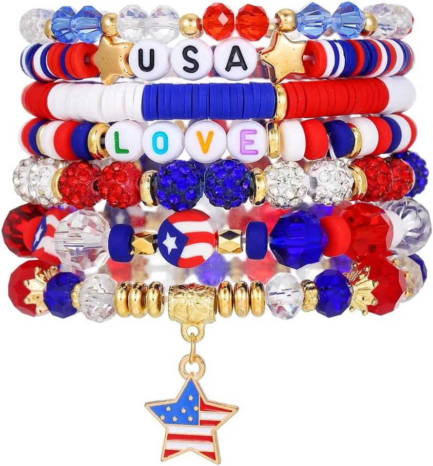4th of July Bracelets Set American Flag Patriotic Beaded Stackable Bracelet for Women Handmade Braided Red Blue and White Independence Day Jewelry USA Freedom Charm Wristlets