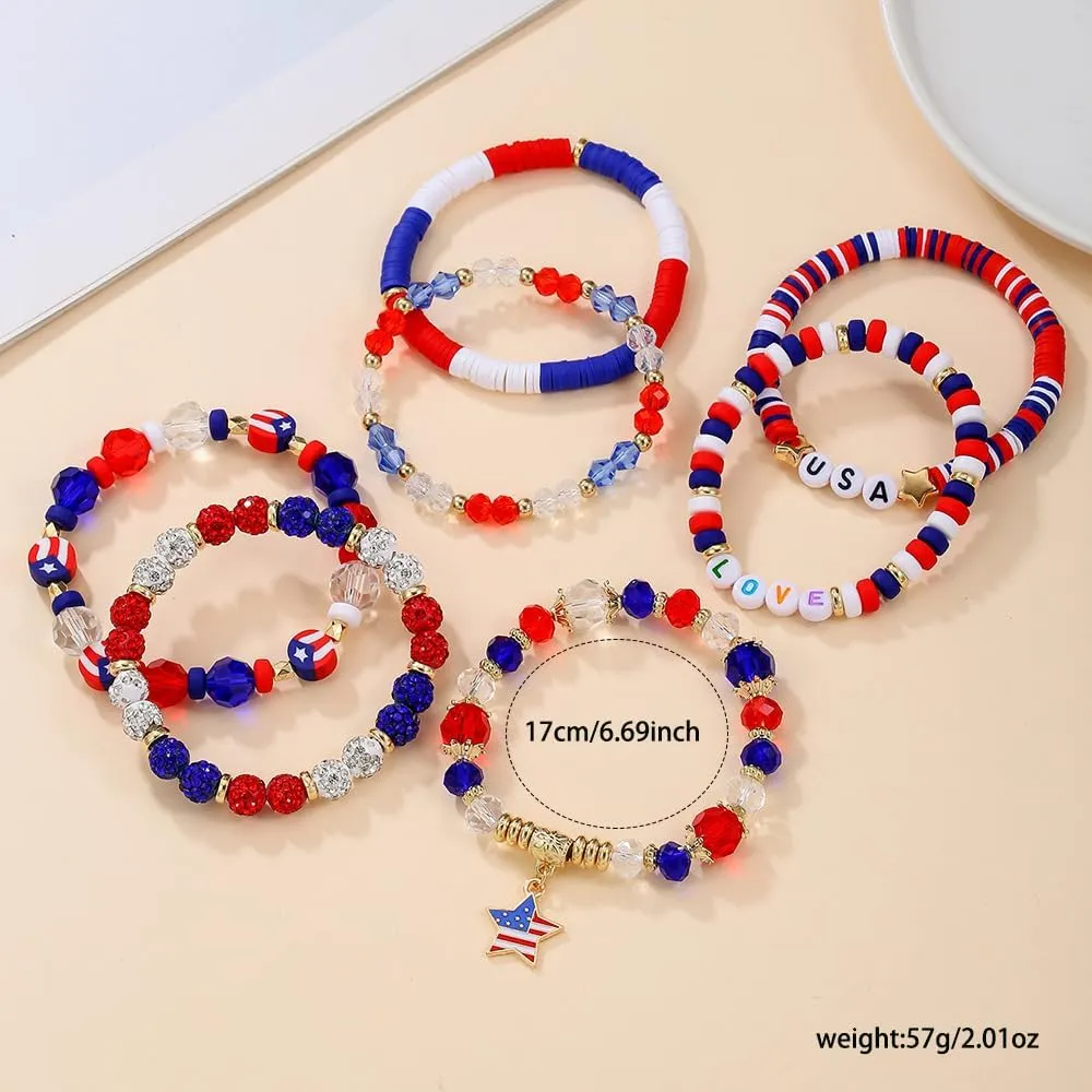 4th of July Bracelets Set American Flag Patriotic Beaded Stackable Bracelet for Women Handmade Braided Red Blue and White Independence Day Jewelry USA Freedom Charm Wristlets