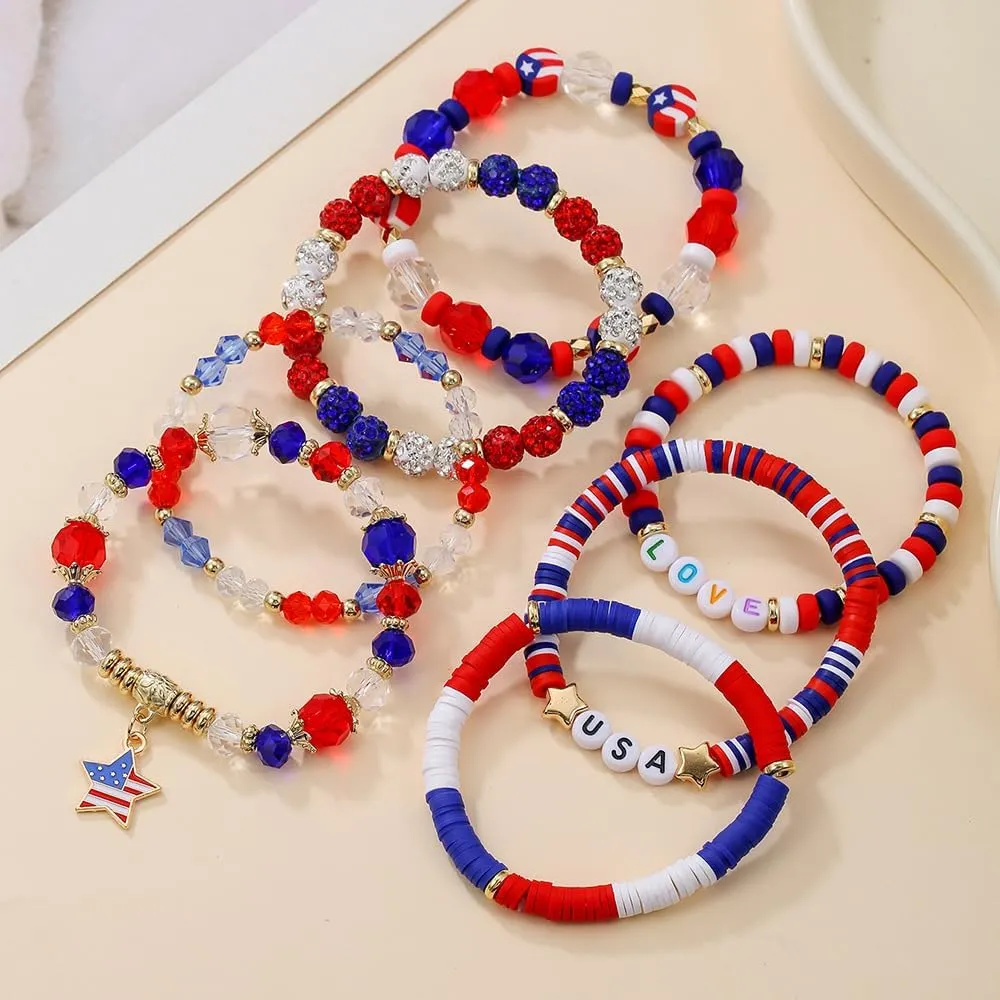 4th of July Bracelets Set American Flag Patriotic Beaded Stackable Bracelet for Women Handmade Braided Red Blue and White Independence Day Jewelry USA Freedom Charm Wristlets