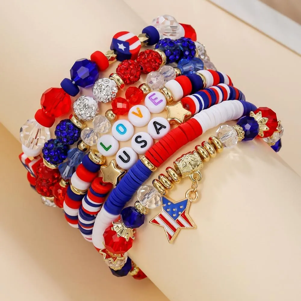 4th of July Bracelets Set American Flag Patriotic Beaded Stackable Bracelet for Women Handmade Braided Red Blue and White Independence Day Jewelry USA Freedom Charm Wristlets