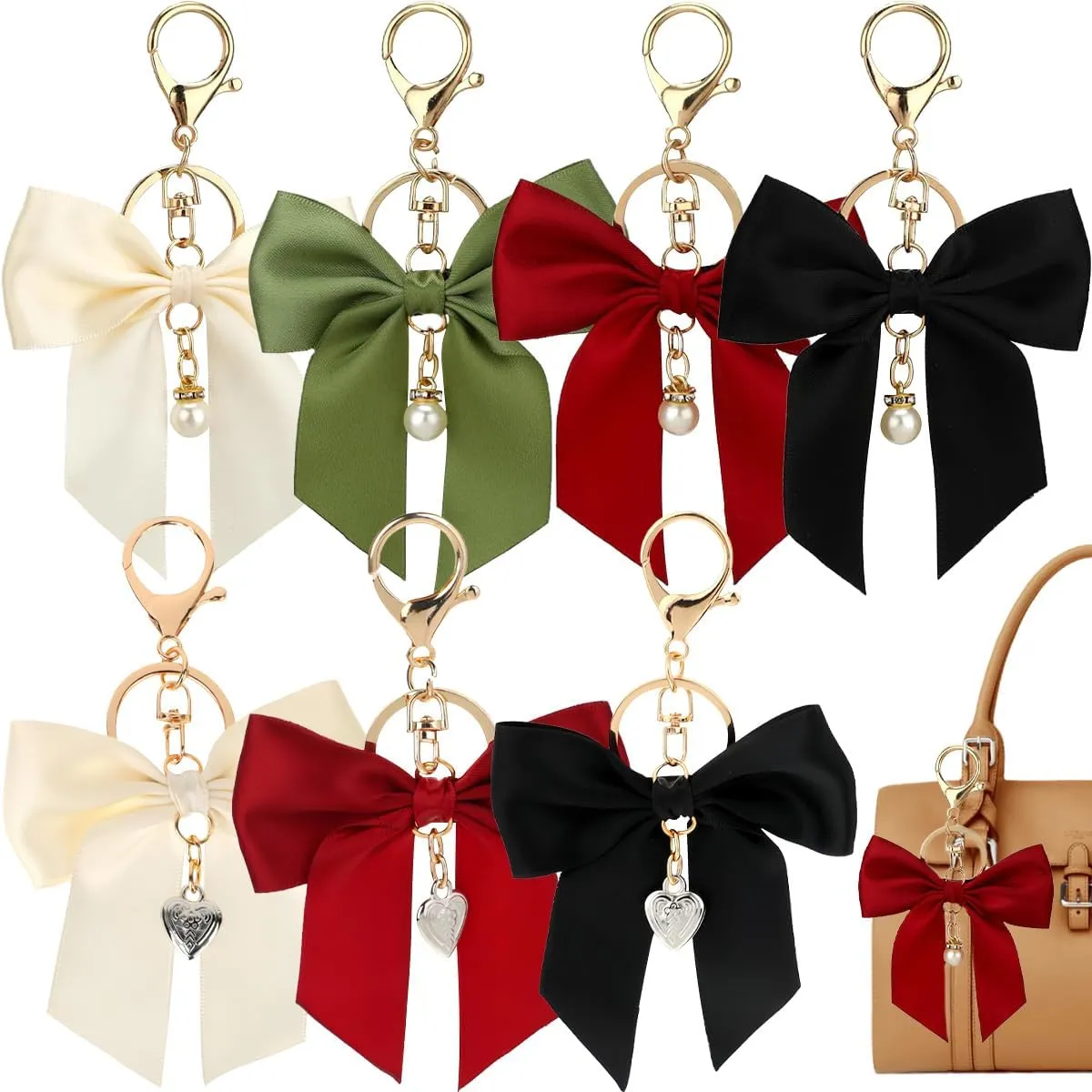 7 PCS Bow Keychain Bow Purse Charms Bowknot Key Chain Cute Car Key Chain Pearl Backpack Charm Black Red Bowknot Keychains Bag Charm Pendant for Women Girls