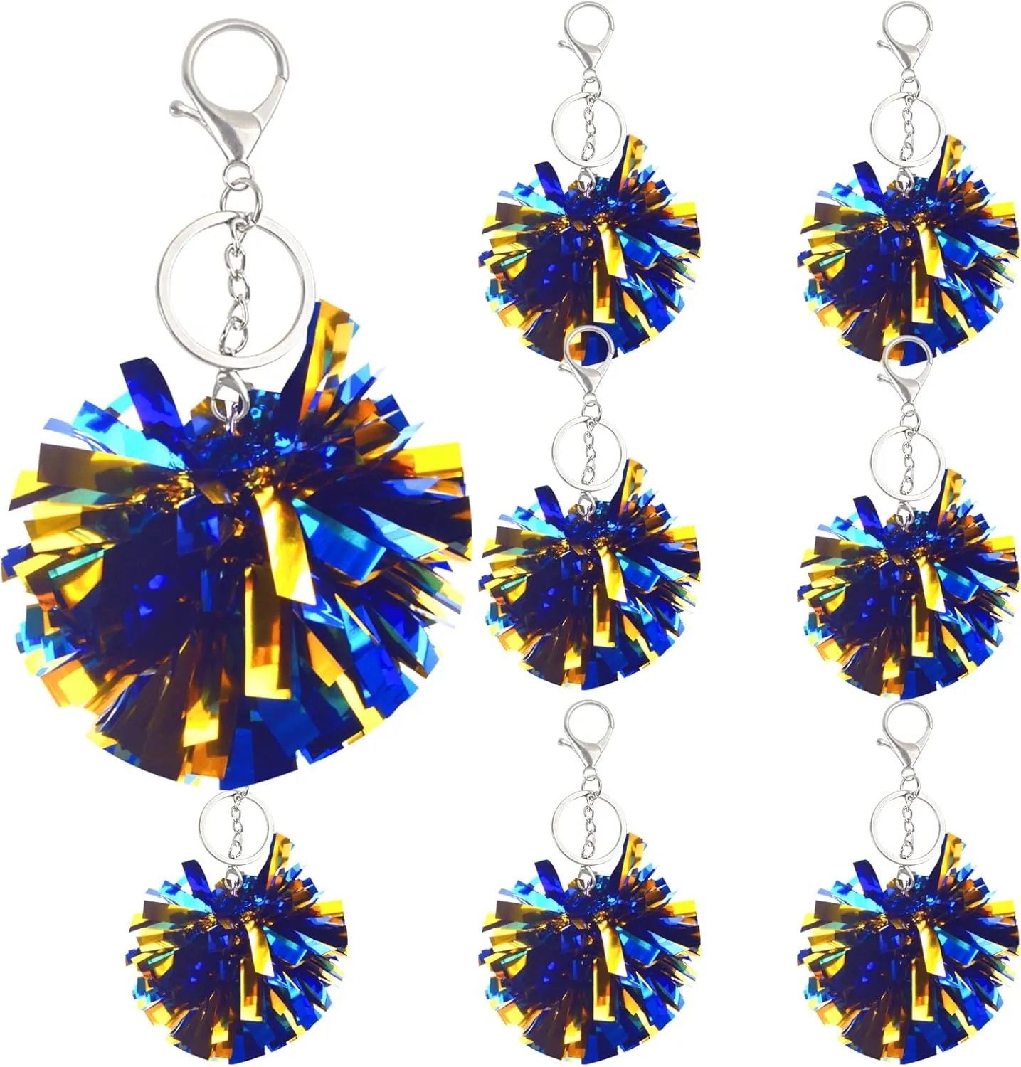 8pcs Cheer Pom Pom Keychains Glitter Blue Golden Pom Poms Cheerleading Keyring Charm Foil with Keychain Hooks for Women Teens Bag Pendant Accessories Cheerleader Gifts
