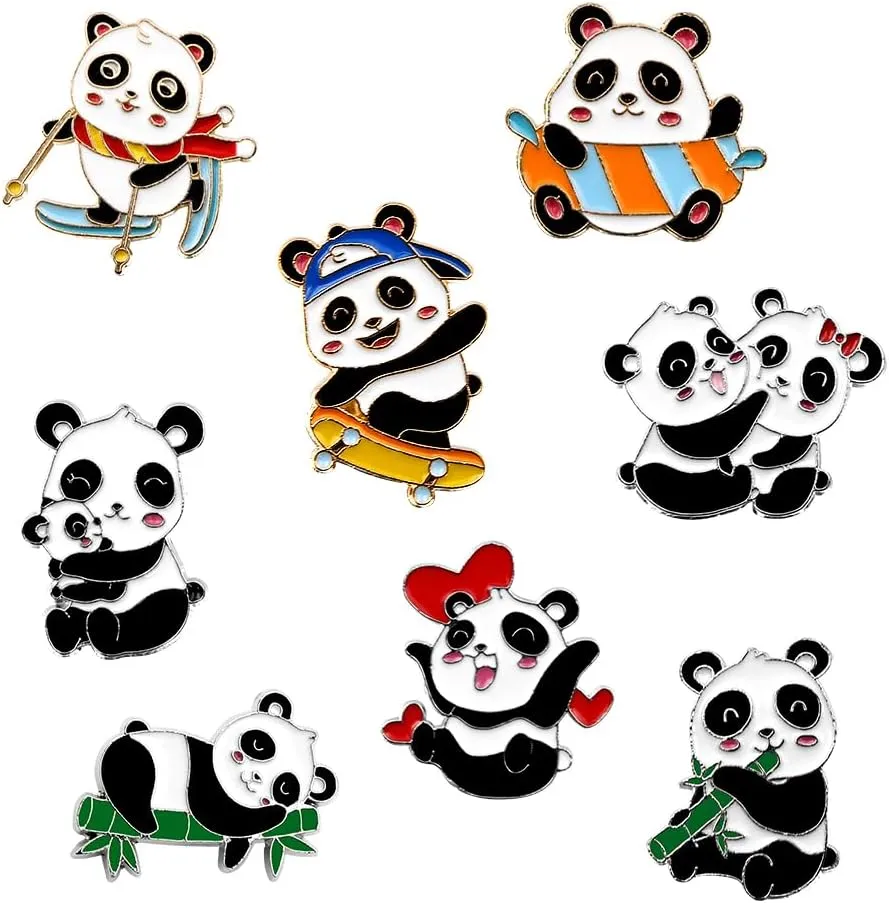 8PCS Panda Brooch Pins Set,Lovely Panda Lapel Pin Enamel Brooch Panda with Bamboo Skateboard Badges for Teen Children Clothes Backpacks Decor Birthday Boys Girls Kids Gift