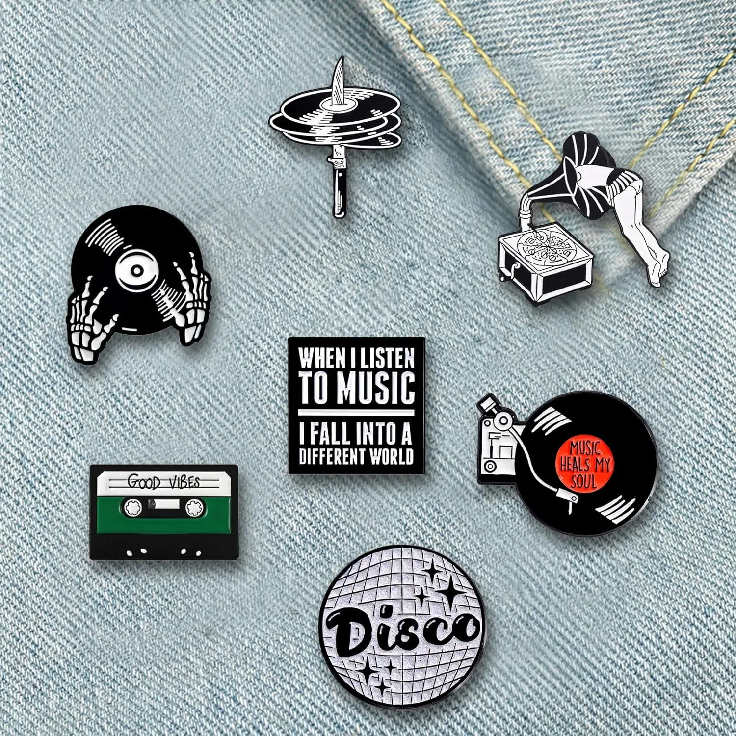 9 Pieces Cool Enamel Pins for Backpacks Jackets Hats, Funny Music Maniac Disc Radio Crazy Decorative Brooch Pins Set