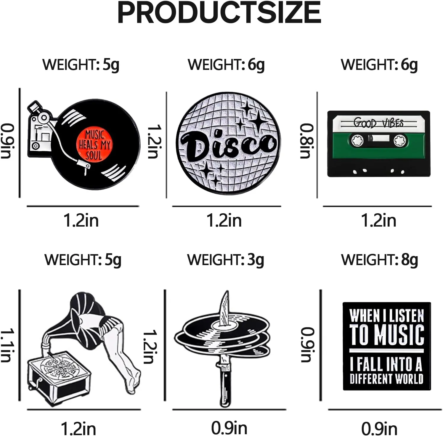 9 Pieces Cool Enamel Pins for Backpacks Jackets Hats, Funny Music Maniac Disc Radio Crazy Decorative Brooch Pins Set