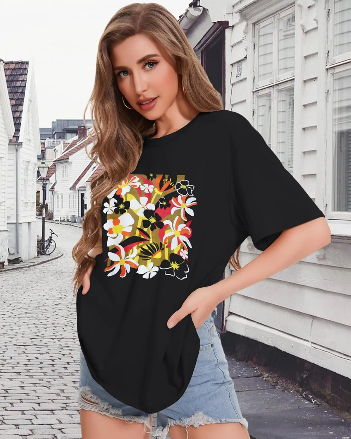 ADOREJOY Oversized Tshirts for Women Crewneck Summer Short Sleeve Loose Graphic Basic Tees