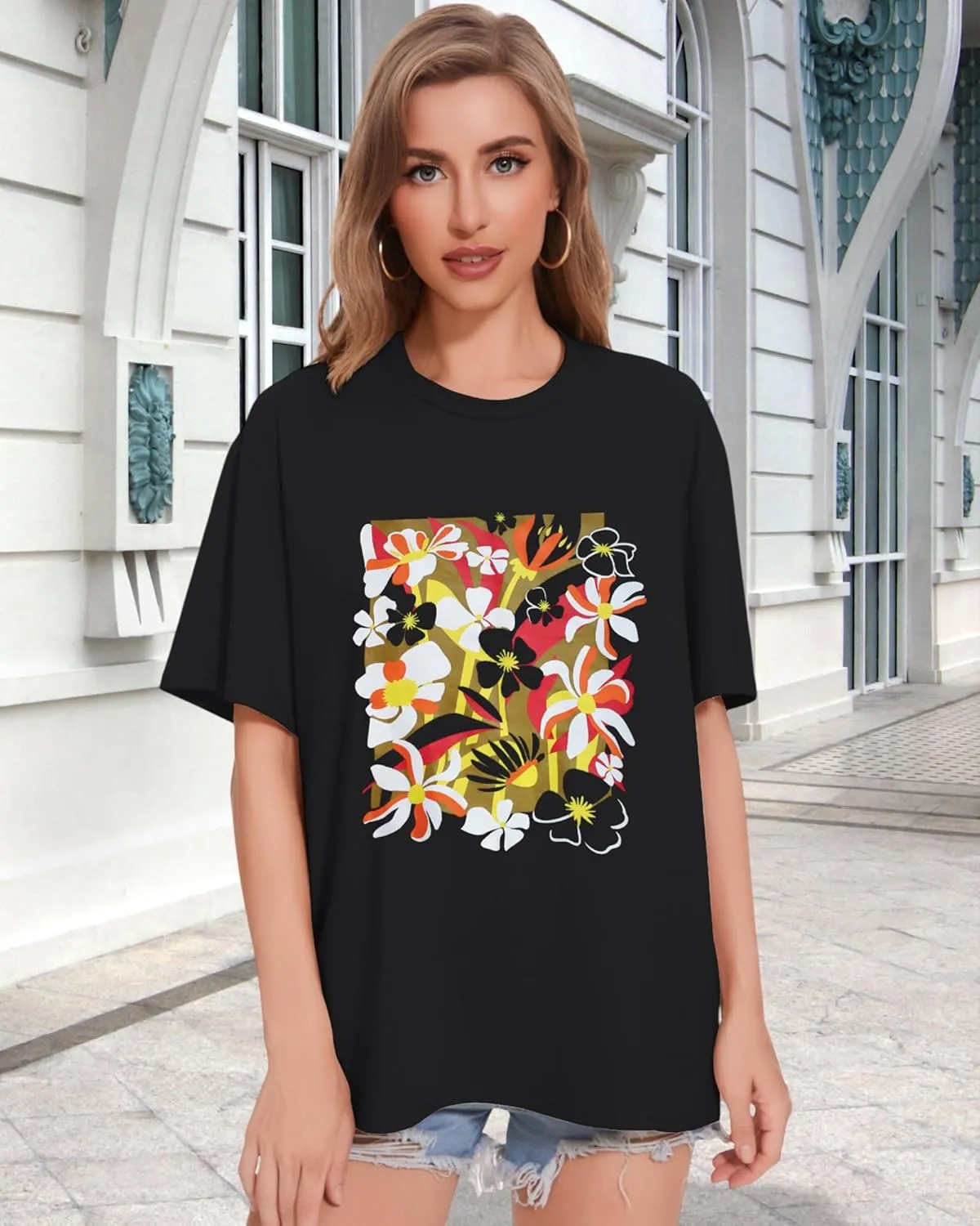 ADOREJOY Oversized Tshirts for Women Crewneck Summer Short Sleeve Loose Graphic Basic Tees