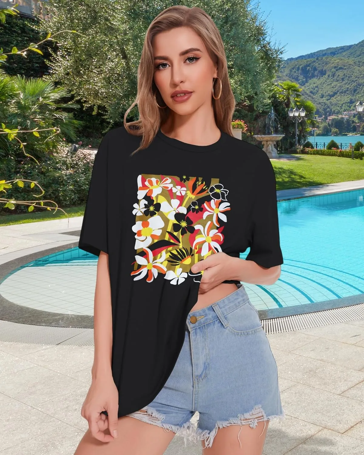 ADOREJOY Oversized Tshirts for Women Crewneck Summer Short Sleeve Loose Graphic Basic Tees
