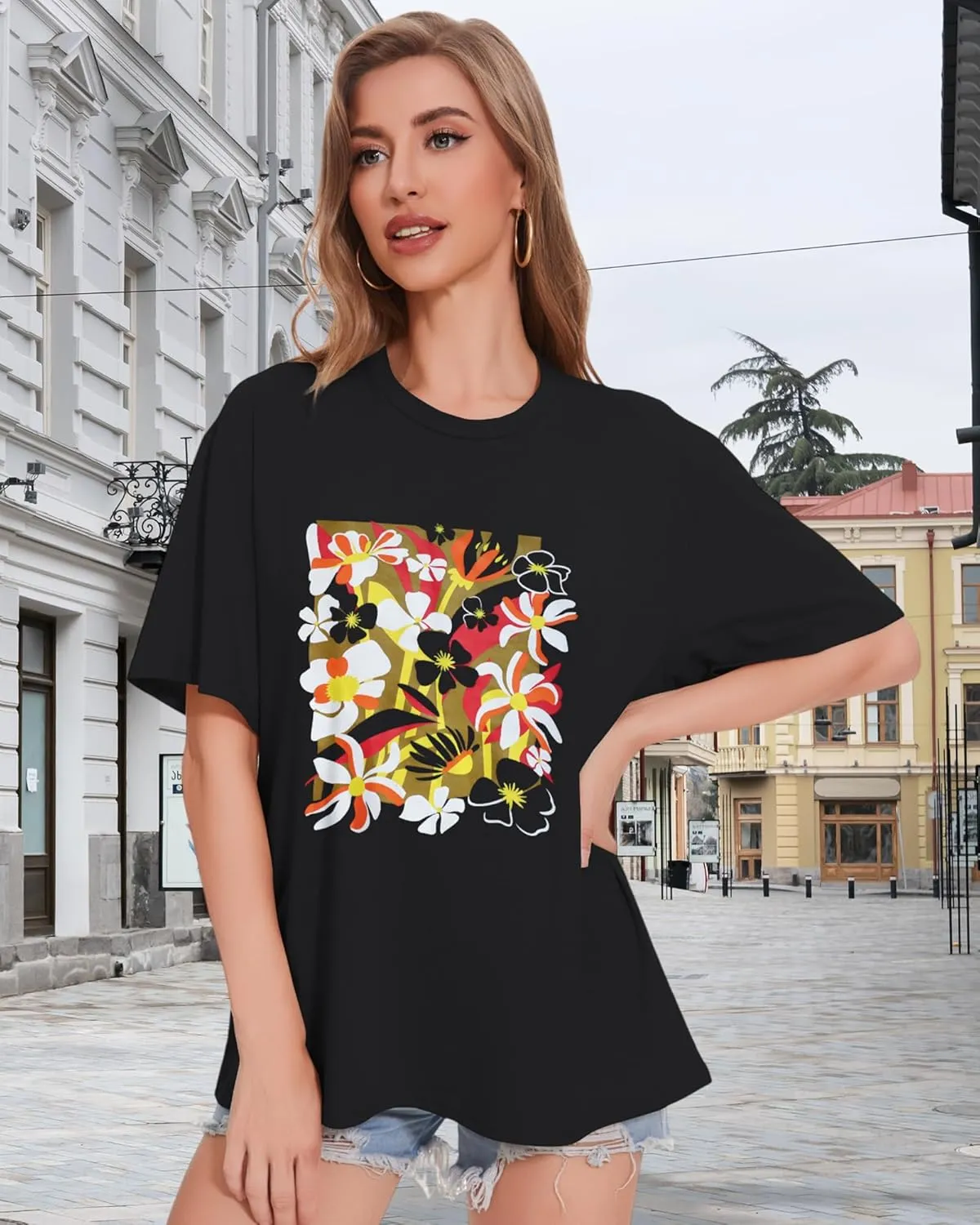 ADOREJOY Oversized Tshirts for Women Crewneck Summer Short Sleeve Loose Graphic Basic Tees