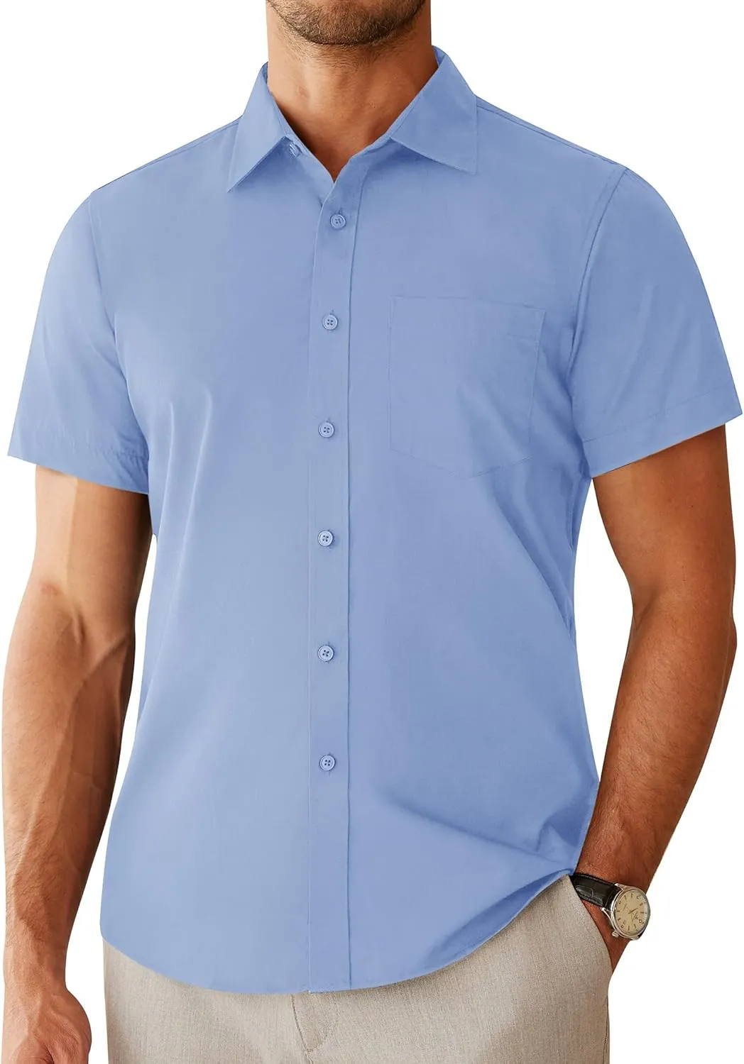 Alimens & Gentle Mens Short Sleeve Dress Shirts Regular Fit Stretch Wrinkle-Resistant Button Down Shirts