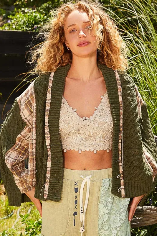 Amelia Cable-Knit Plaid V-Neck Button Up Cardigan