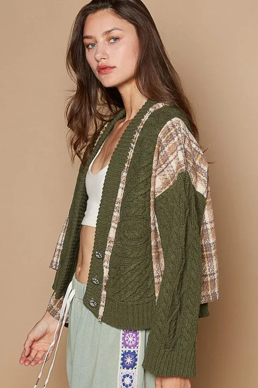 Amelia Cable-Knit Plaid V-Neck Button Up Cardigan