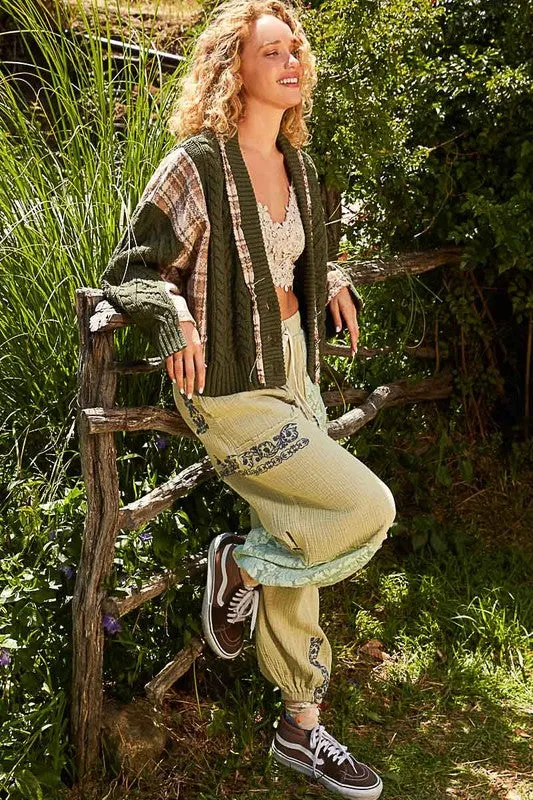 Amelia Cable-Knit Plaid V-Neck Button Up Cardigan