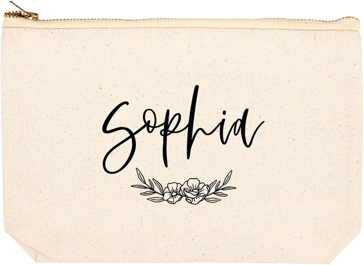Andaz Press Personalized Makeup Bags for Women Bridesmaid Proposal Gifts Canvas Cosmetic Bag with Zipper Custom Name Florals Makeup Pouch For Bridesmaids Girls Weekend Gifts for Women 6.5 x 9 Inch