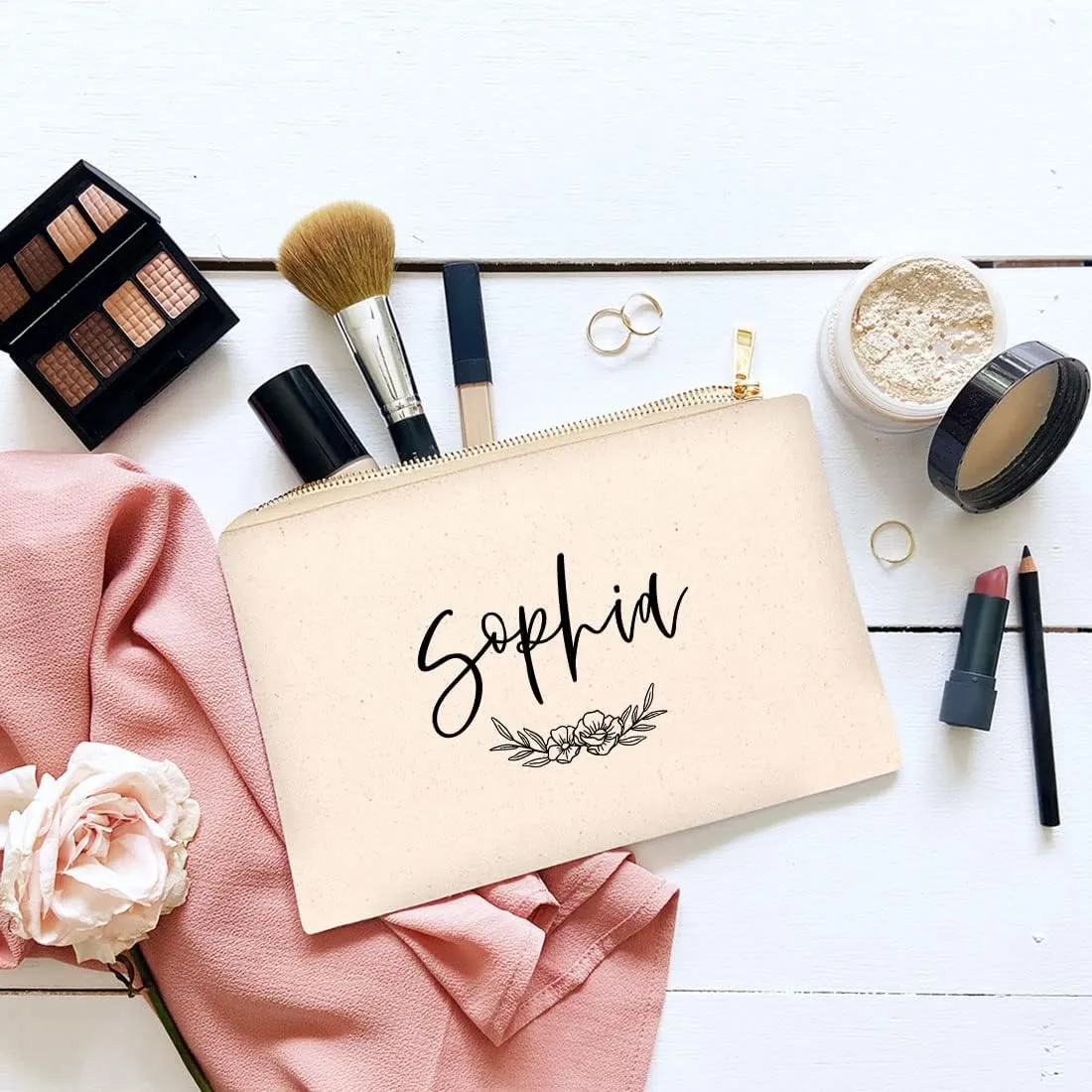 Andaz Press Personalized Makeup Bags for Women Bridesmaid Proposal Gifts Canvas Cosmetic Bag with Zipper Custom Name Florals Makeup Pouch For Bridesmaids Girls Weekend Gifts for Women 6.5 x 9 Inch