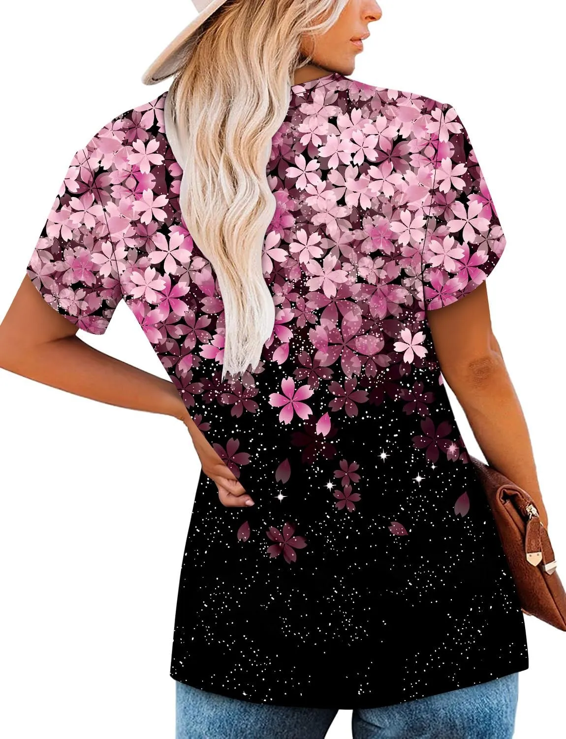 Angerella Women Tunic Tops Dressy Casual Summer Short Sleeve Shirts Floral Loose Fit Pleated Boho Top S-3XL