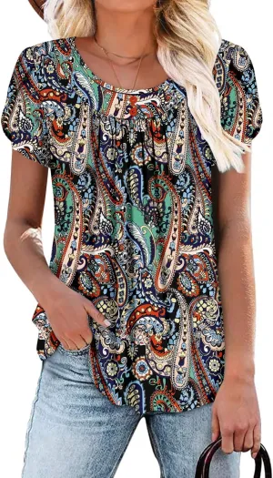 Angerella Women Tunic Tops Dressy Casual Summer Short Sleeve Shirts Floral Loose Fit Pleated Boho Top S-3XL