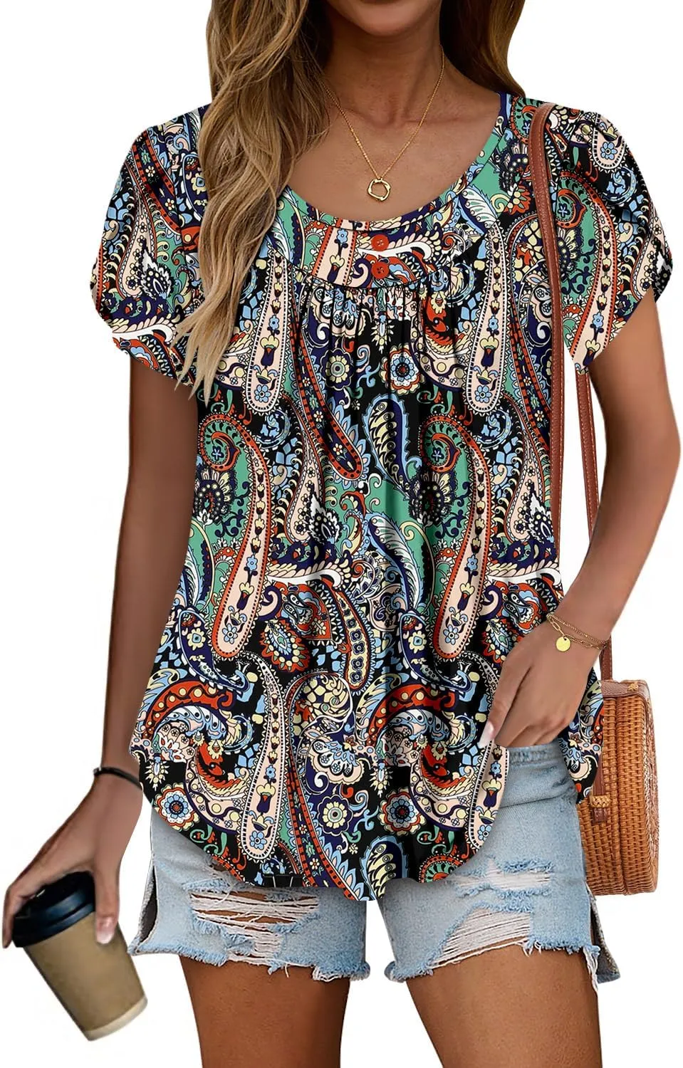 Angerella Women Tunic Tops Dressy Casual Summer Short Sleeve Shirts Floral Loose Fit Pleated Boho Top S-3XL