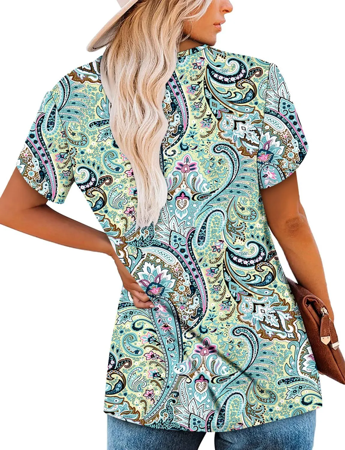 Angerella Women Tunic Tops Dressy Casual Summer Short Sleeve Shirts Floral Loose Fit Pleated Boho Top S-3XL