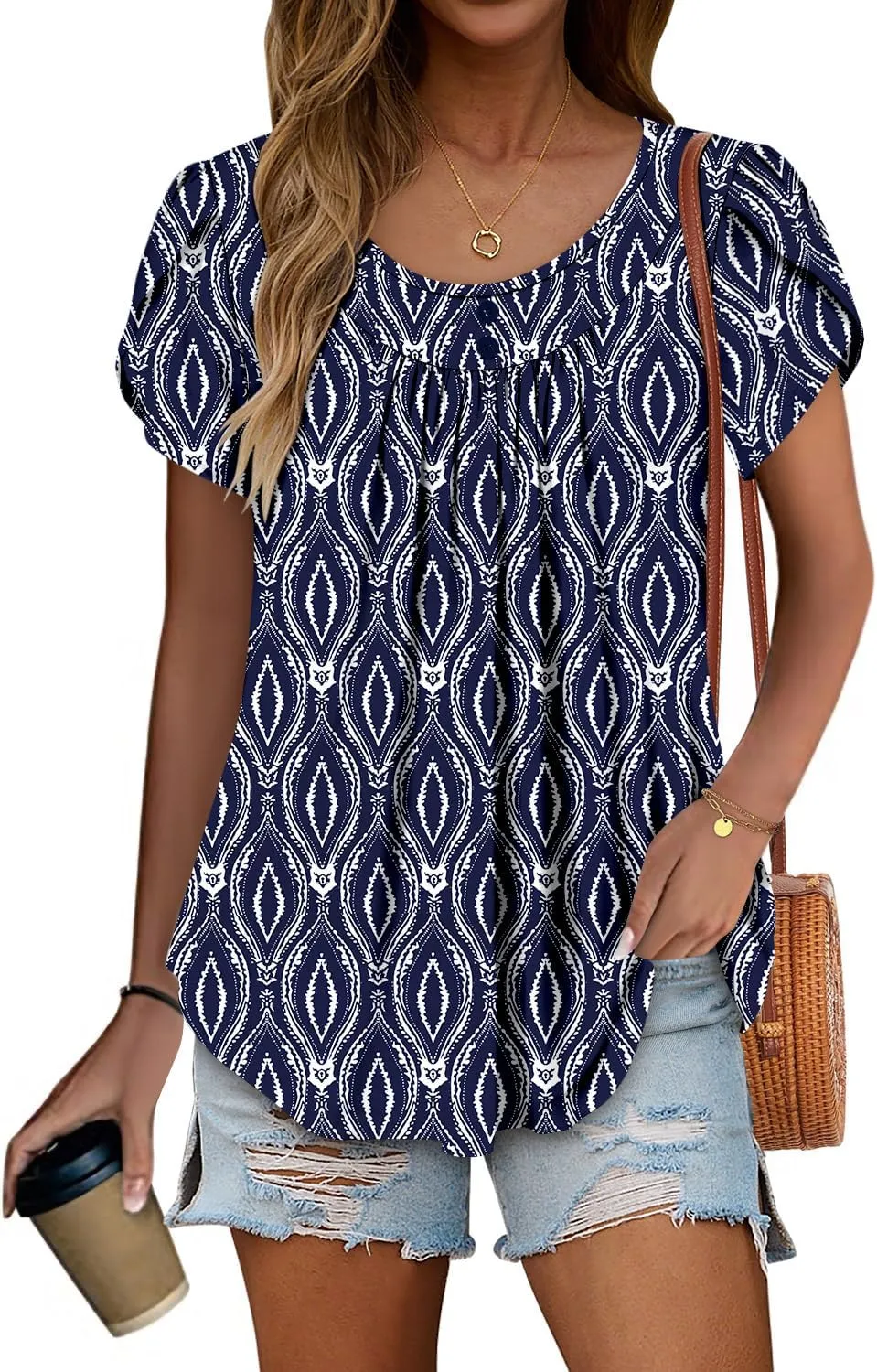 Angerella Women Tunic Tops Dressy Casual Summer Short Sleeve Shirts Floral Loose Fit Pleated Boho Top S-3XL