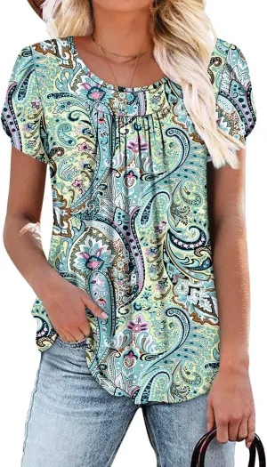 Angerella Women Tunic Tops Dressy Casual Summer Short Sleeve Shirts Floral Loose Fit Pleated Boho Top S-3XL