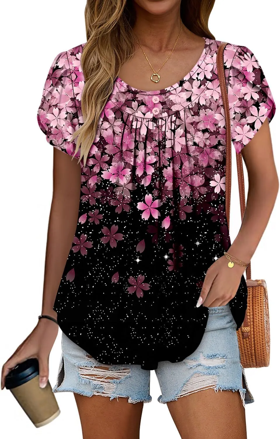 Angerella Women Tunic Tops Dressy Casual Summer Short Sleeve Shirts Floral Loose Fit Pleated Boho Top S-3XL