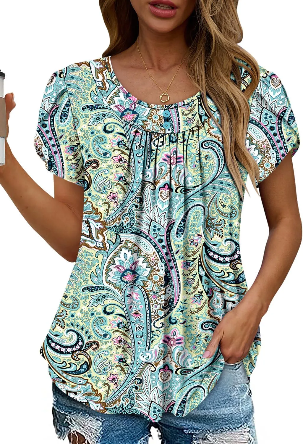 Angerella Women Tunic Tops Dressy Casual Summer Short Sleeve Shirts Floral Loose Fit Pleated Boho Top S-3XL