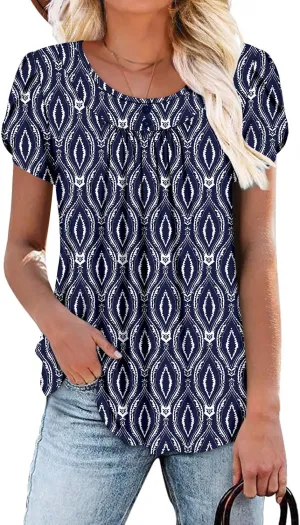Angerella Women Tunic Tops Dressy Casual Summer Short Sleeve Shirts Floral Loose Fit Pleated Boho Top S-3XL