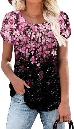 Angerella Women Tunic Tops Dressy Casual Summer Short Sleeve Shirts Floral Loose Fit Pleated Boho Top S-3XL