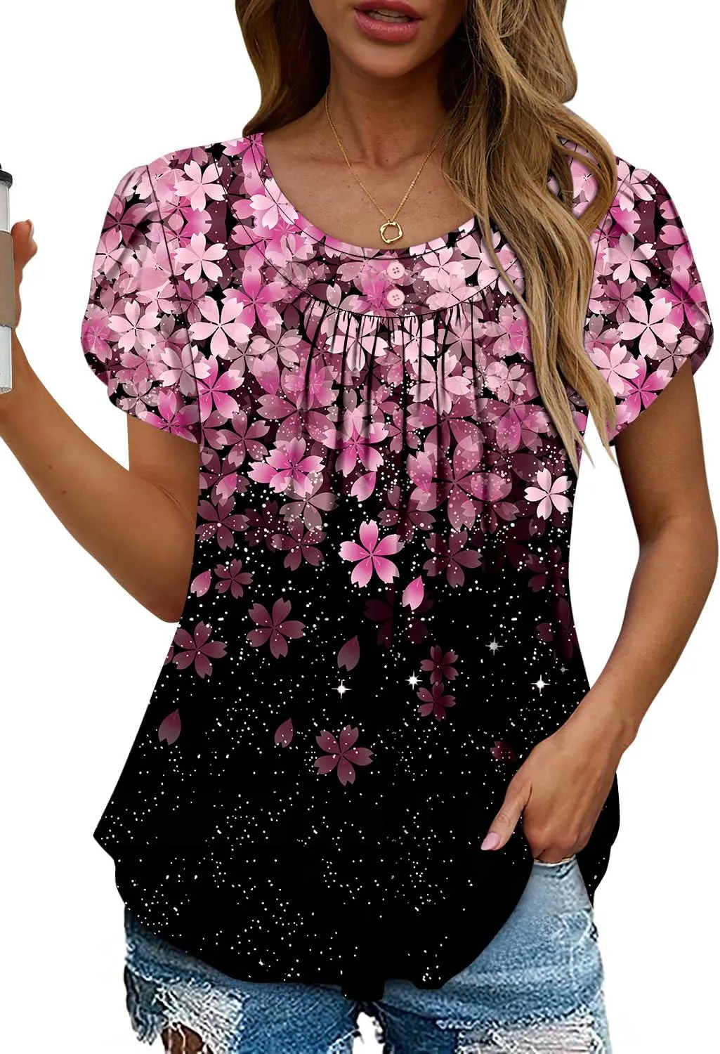 Angerella Women Tunic Tops Dressy Casual Summer Short Sleeve Shirts Floral Loose Fit Pleated Boho Top S-3XL