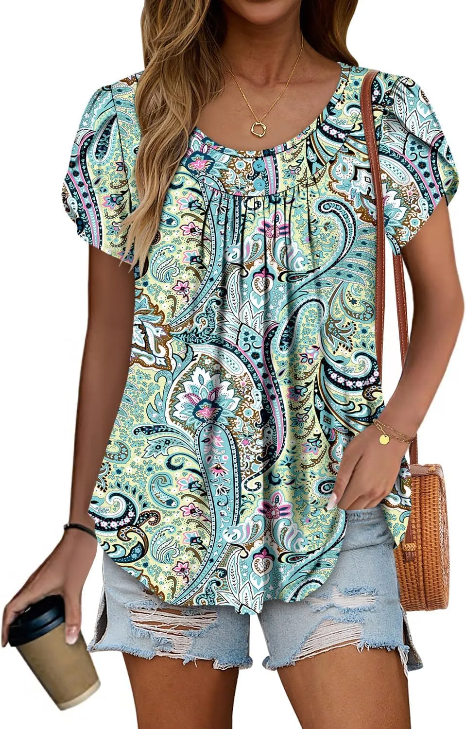Angerella Women Tunic Tops Dressy Casual Summer Short Sleeve Shirts Floral Loose Fit Pleated Boho Top S-3XL