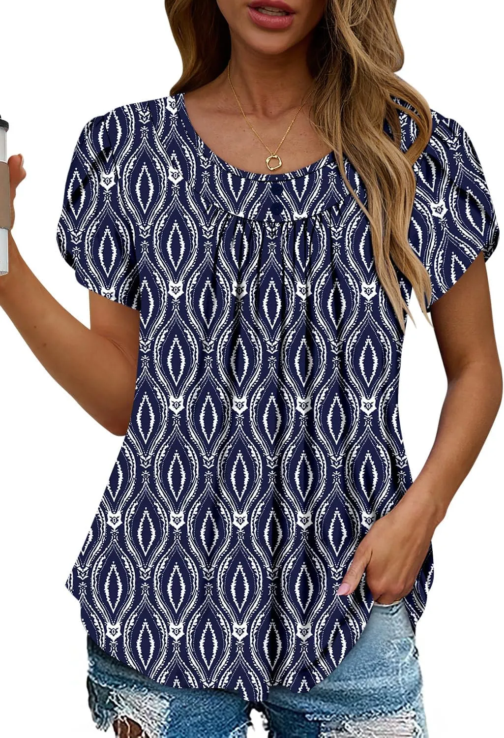 Angerella Women Tunic Tops Dressy Casual Summer Short Sleeve Shirts Floral Loose Fit Pleated Boho Top S-3XL
