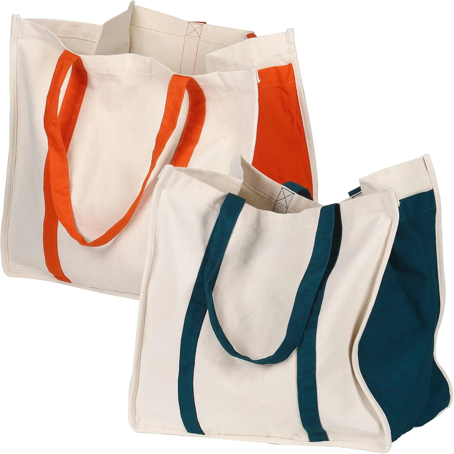 Anleo Heavy Duty Reusable Cotton Canvas Grocery Tote Bags with Side Pockets, Large Utility Bag for Shopping, Beach, Picnic