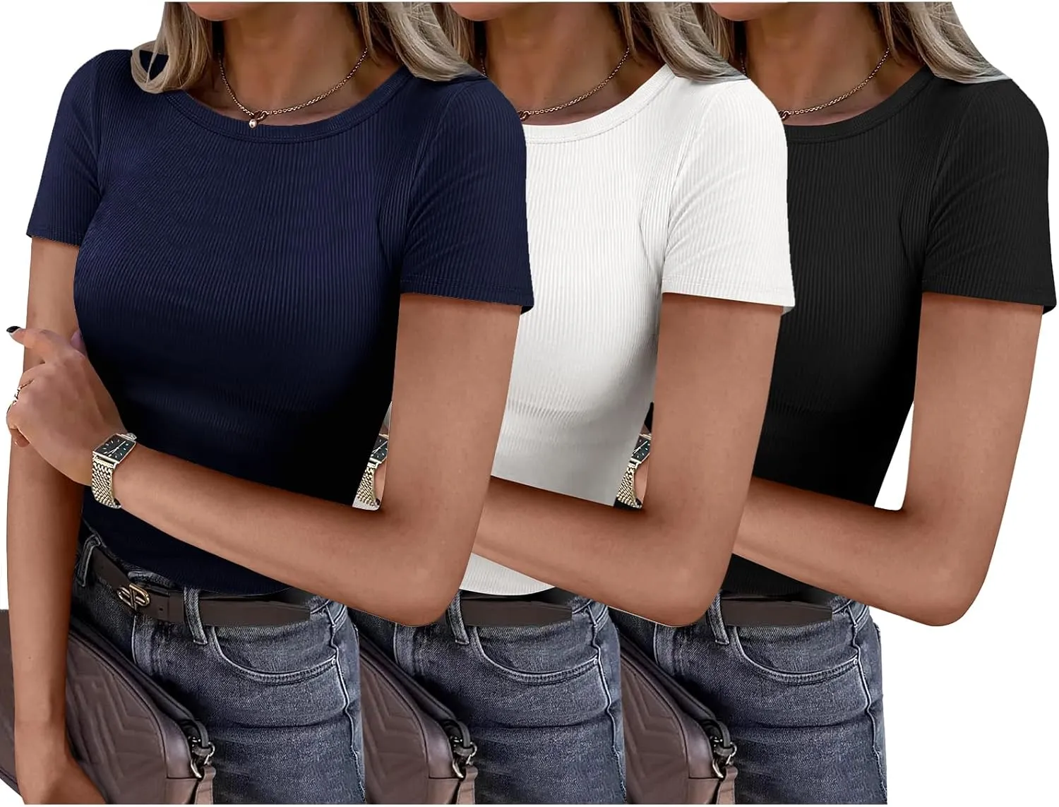 ANRABESS Women Short Sleeve Shirts Rib Knit Slim Fitted Summer Basic Tee Tops 2025 Underwear Outfits Clothes 3 Pack