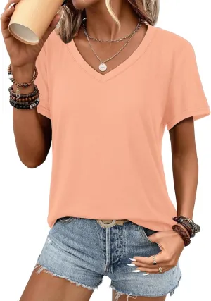 ATHMILE Womens V Neck Short Sleeve Summer T Shirts Curved Hem Plain Top Beach