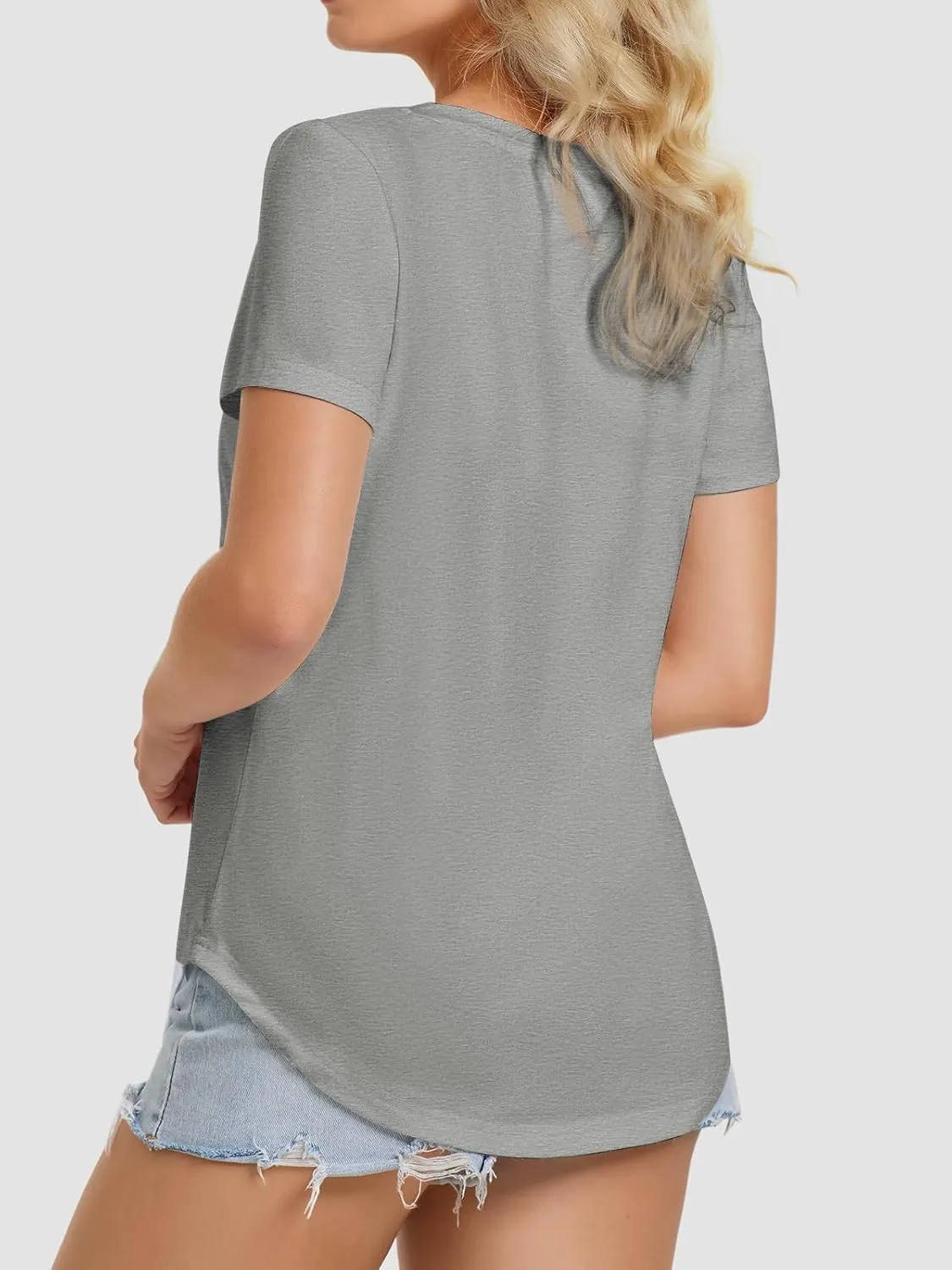 ATHMILE Womens V Neck Short Sleeve Summer T Shirts Curved Hem Plain Top Beach